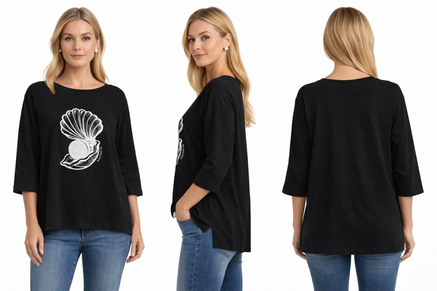Woman wearing a black long-sleeve shirt with a shell and ball graphic, seen from front, side, and back, paired with blue jeans.