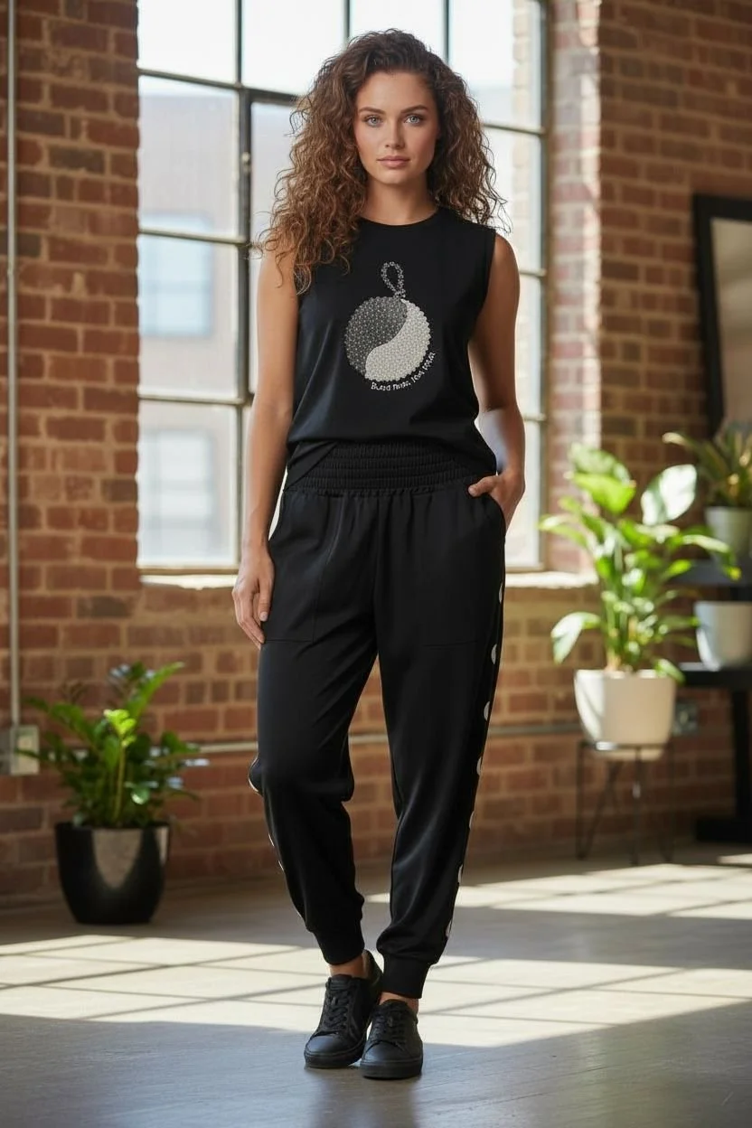 Young woman standing in a bright industrial-style room with brick walls, wearing a black sleeveless top with a yin-yang symbol and black jogger pants, with her hand in her pocket.