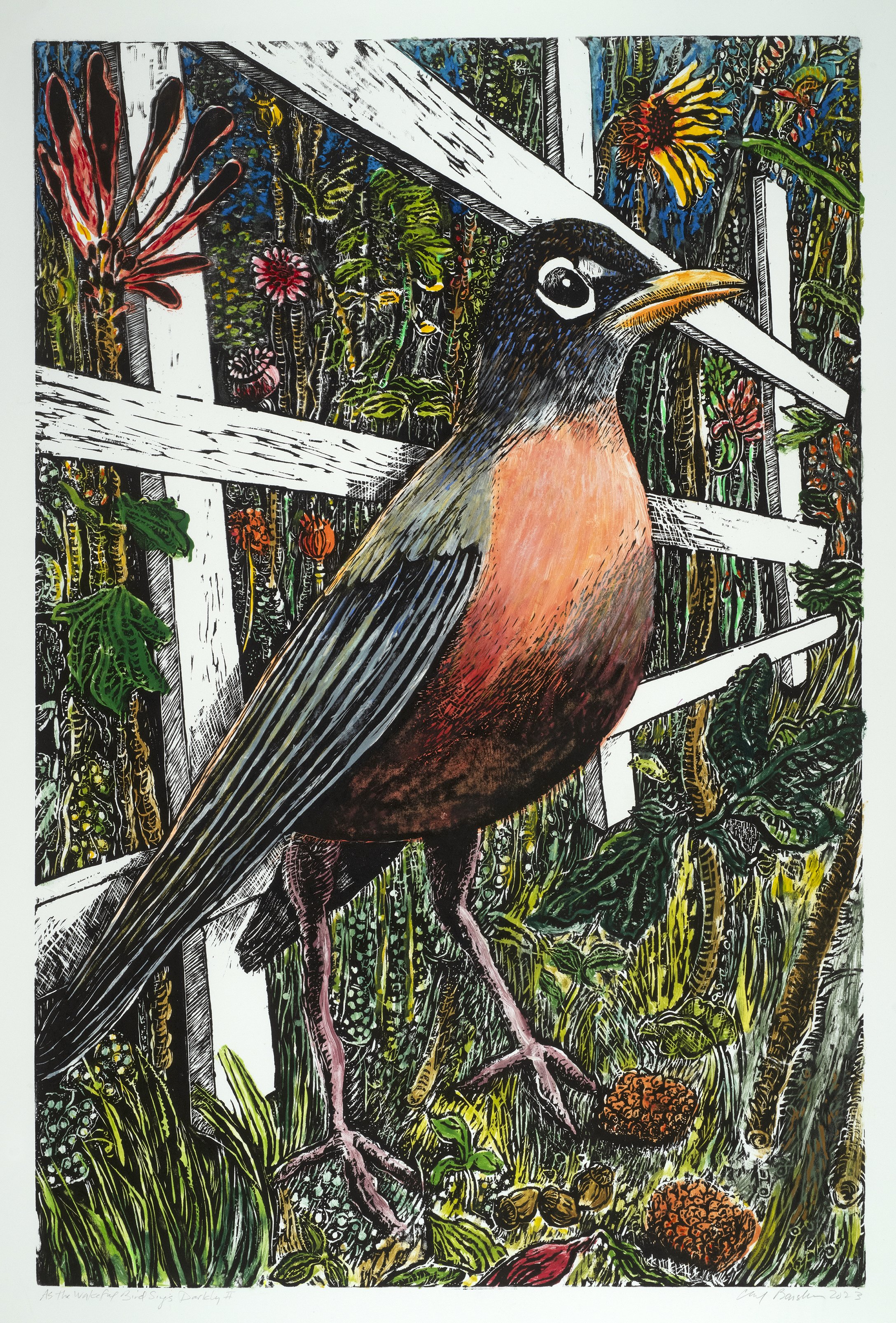 "As The Wakeful Birds Sings Darkling", 2023, woodcut w/ hand coloring, 35" x 24" image, 42" x 30"  Rives BFK White, Ed. 1/1