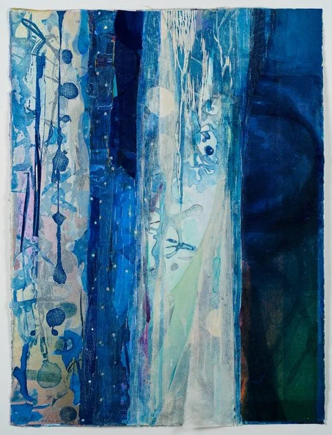 "Verse Space- Light of B h", 30'' x 26'', Monotype print with collaged Mokuhanga wood block print