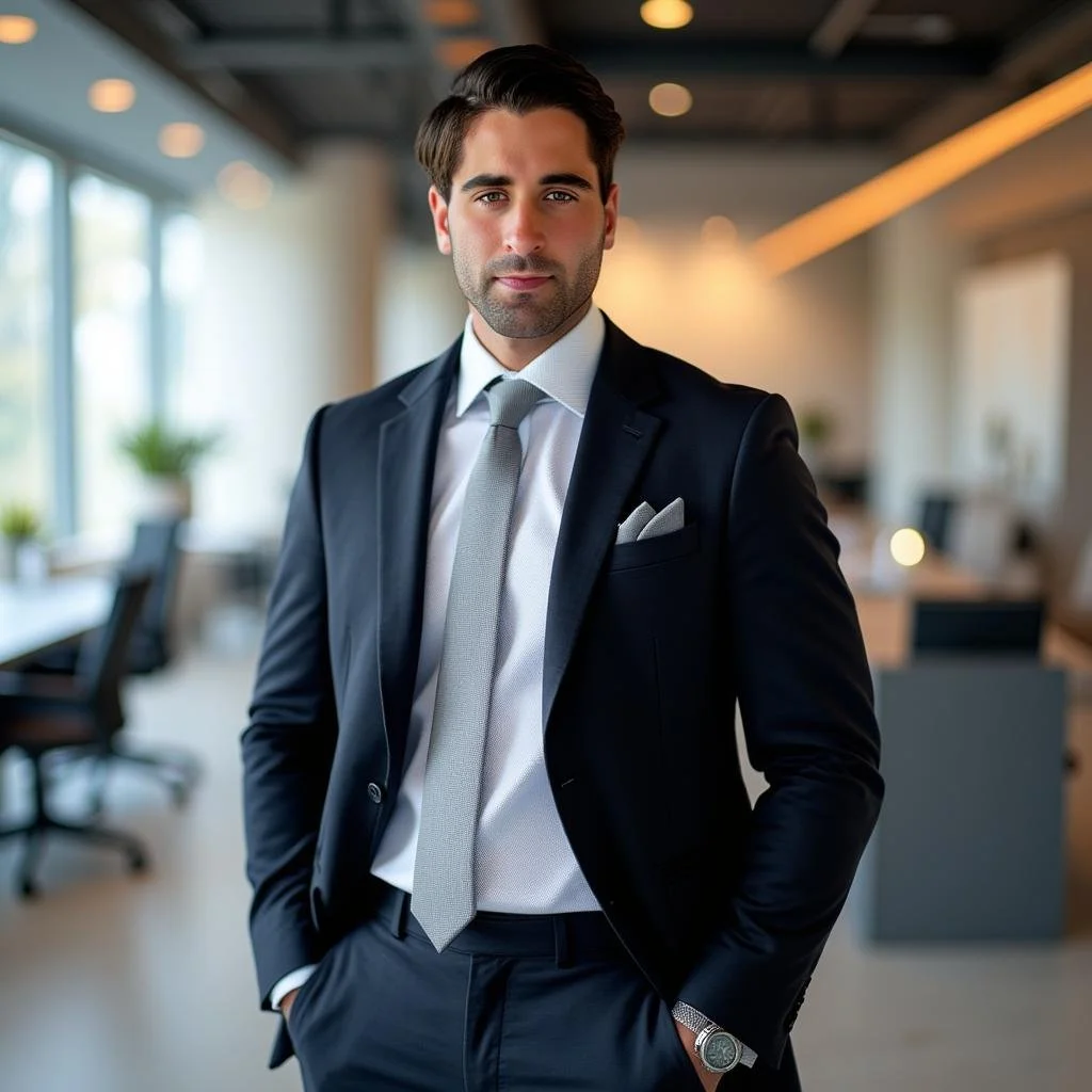 A man in a black suit with a gray tie and white shirt standing confidently in an office.