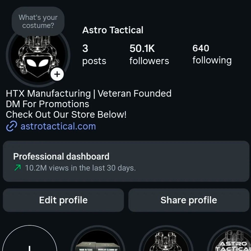 Astro Tactical showing his Instagram analytics. Showcasing 10 million views in the last 30 days and his 50 thousand Instagram followers.