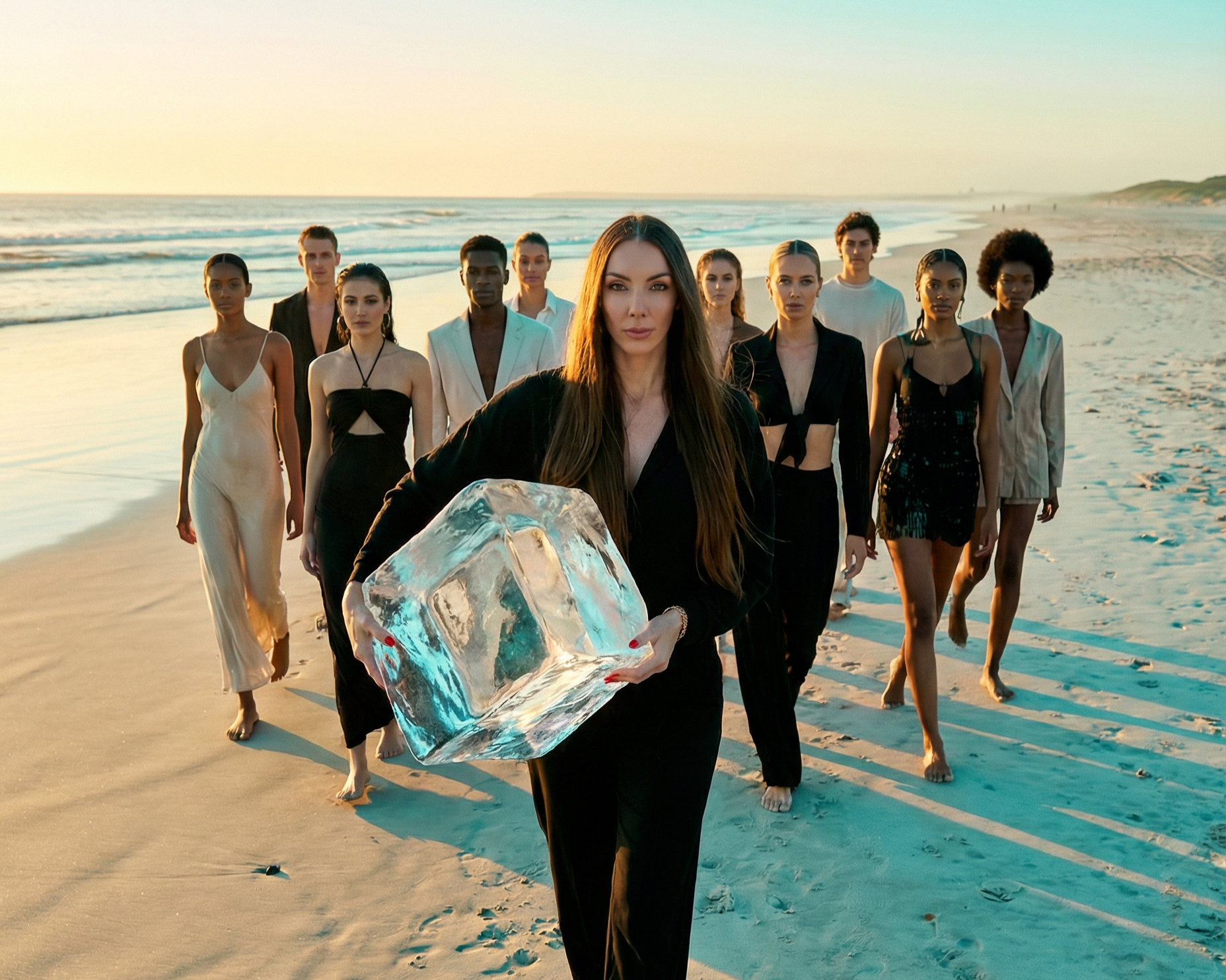 Freeze It Girl carrying a huge ice cube with a group of women following her, symbolising egg freezing - join the 2026 Freeze It Girl pledge and help us fund the egg freezing procedure for 2026 women in 2026