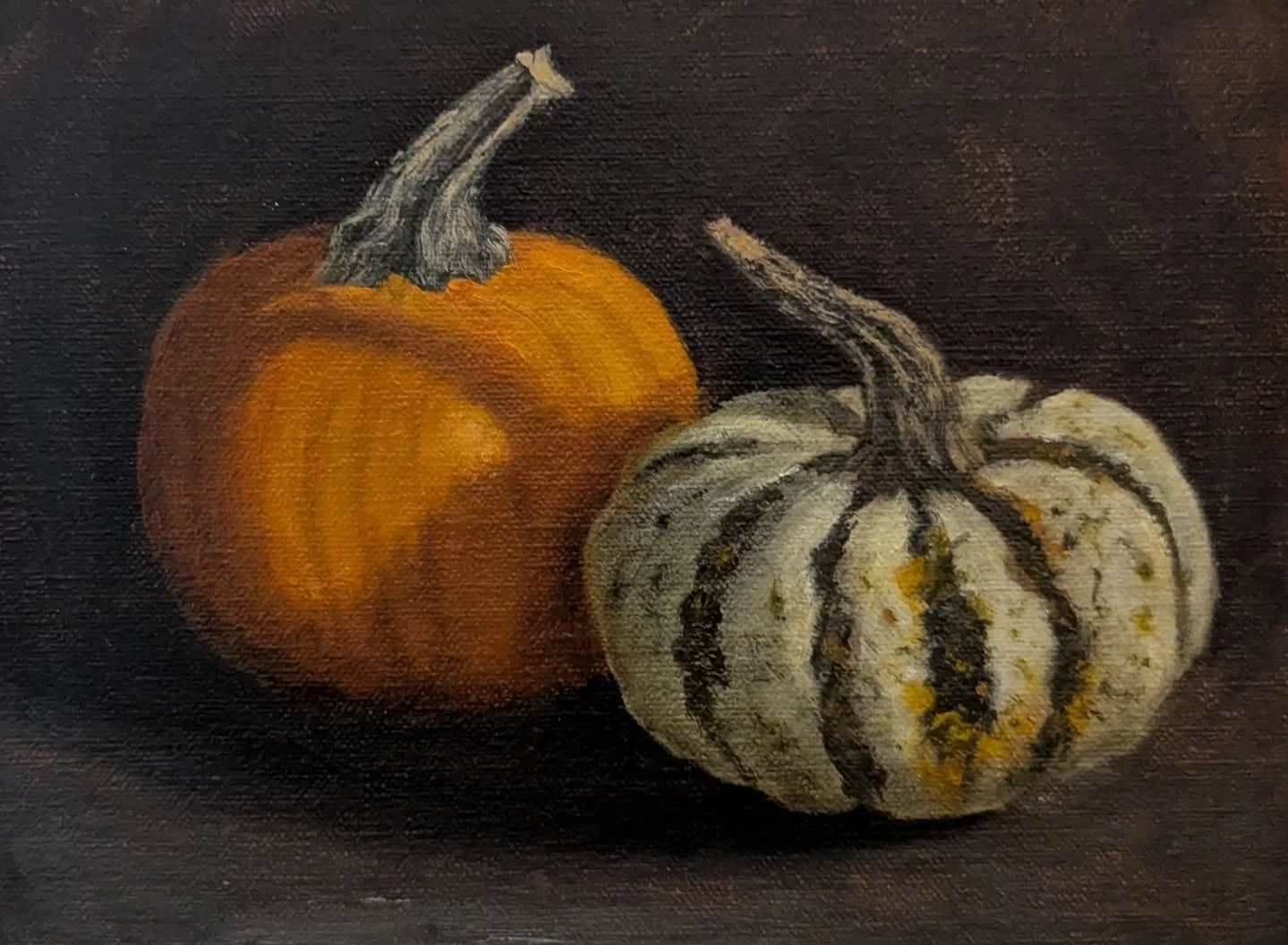 Two mini pumpkins

Oil on linen panel, 6&quot;x8&quot;

#oilpainting #silllife #pumpkins #fall