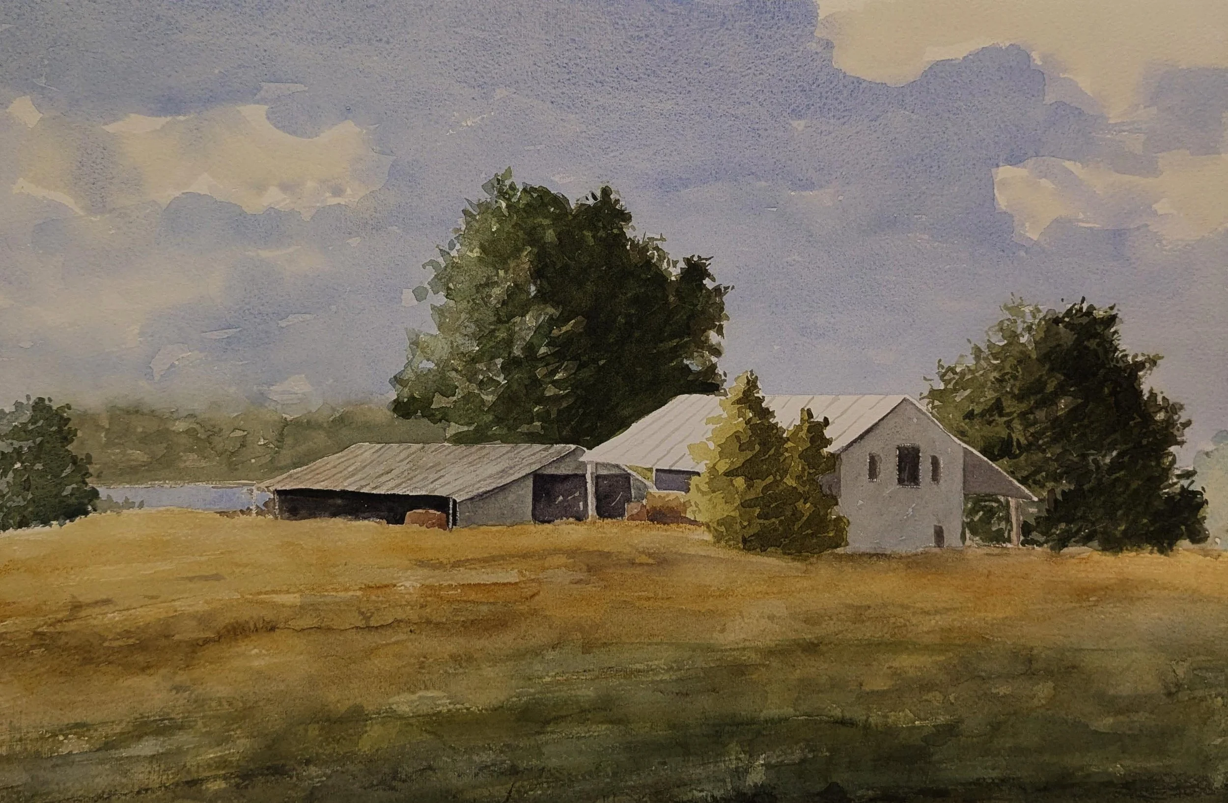 Watercolor painting of a rural farm scene with a barn, a farmhouse, and trees under a cloudy sky.