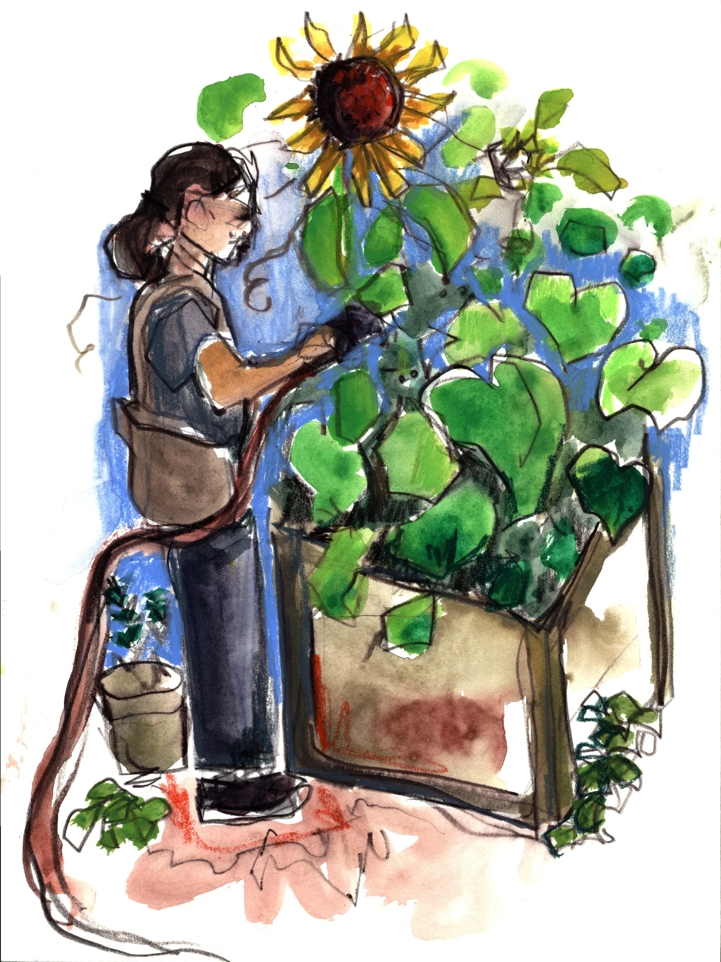 "Watering the Garden," Mixed Media