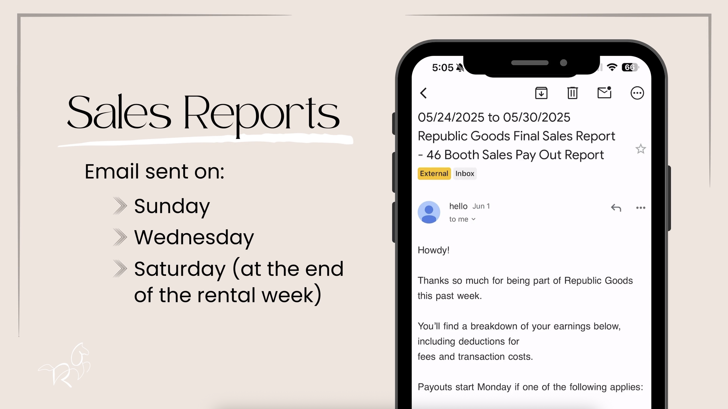 A picture of what a Republic Goods Sales report looks like on a phone. They come out Sunday, Weds, and Saturday at the end of the rental week.