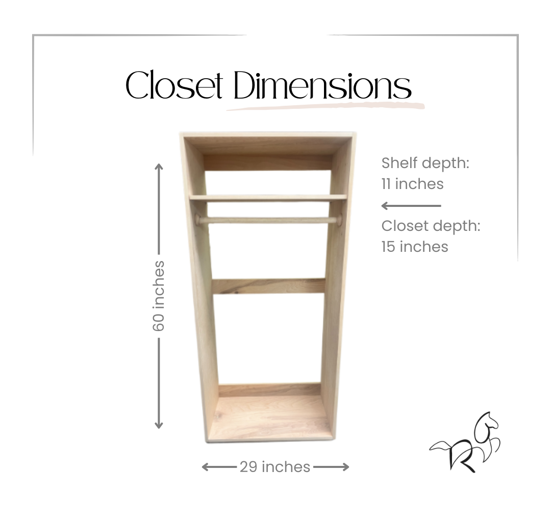 Republic Goods closet dimensions. 60 inches tall, 29 inches wide, 15 inches deep with a shelf that is 11 inches deep towards the top.