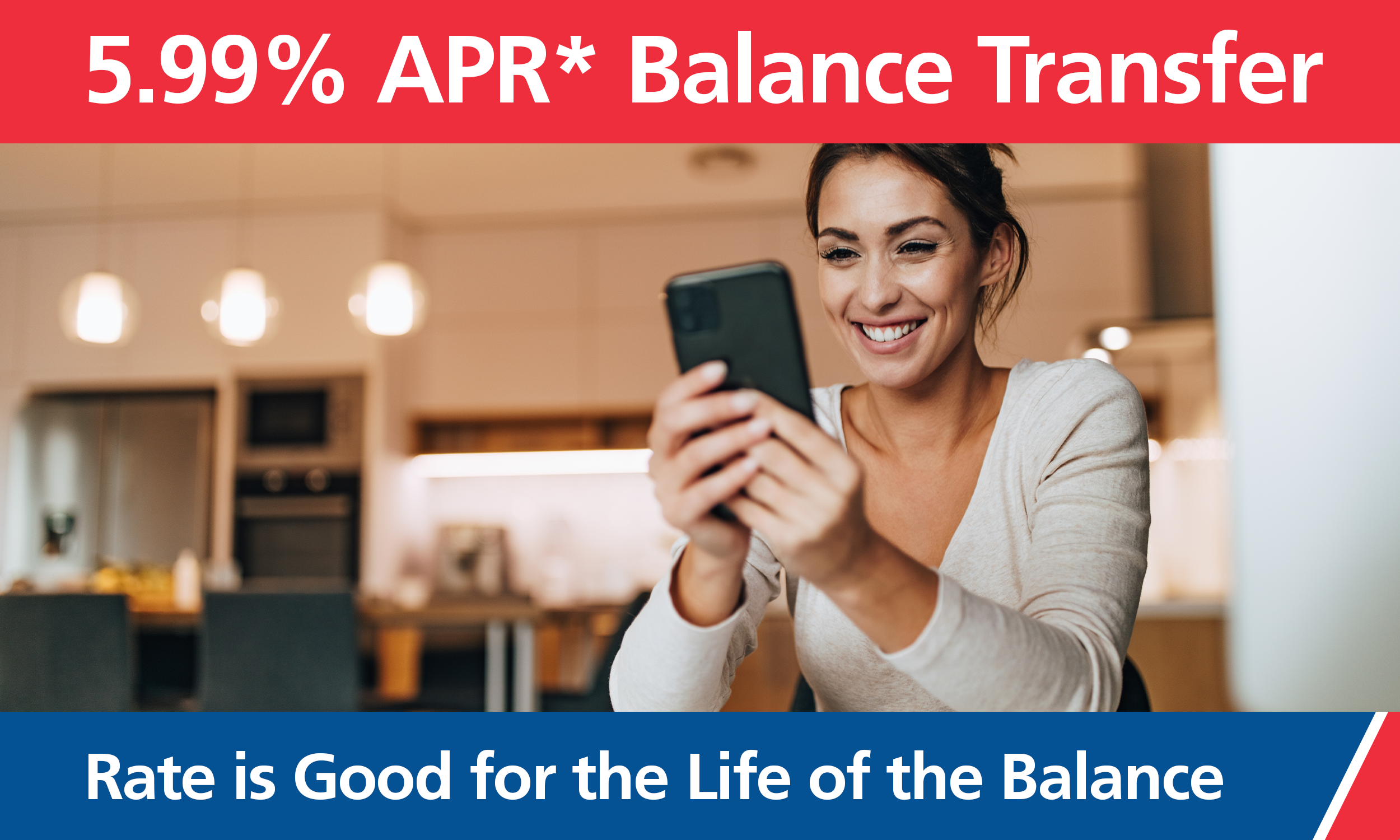 young woman smiling at her smart phone from transferring a high-rate balance to Sea West.