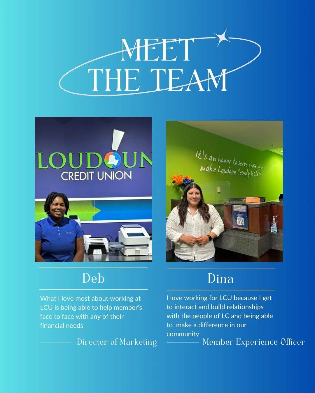Meet our Marketing and Management Team!

Deb and Dina oversee LCU&rsquo;s members and community outreach by fostering a give back mindset to help the Loudoun Community continue to flourish. Creating an environment that nurtures and supports all our m