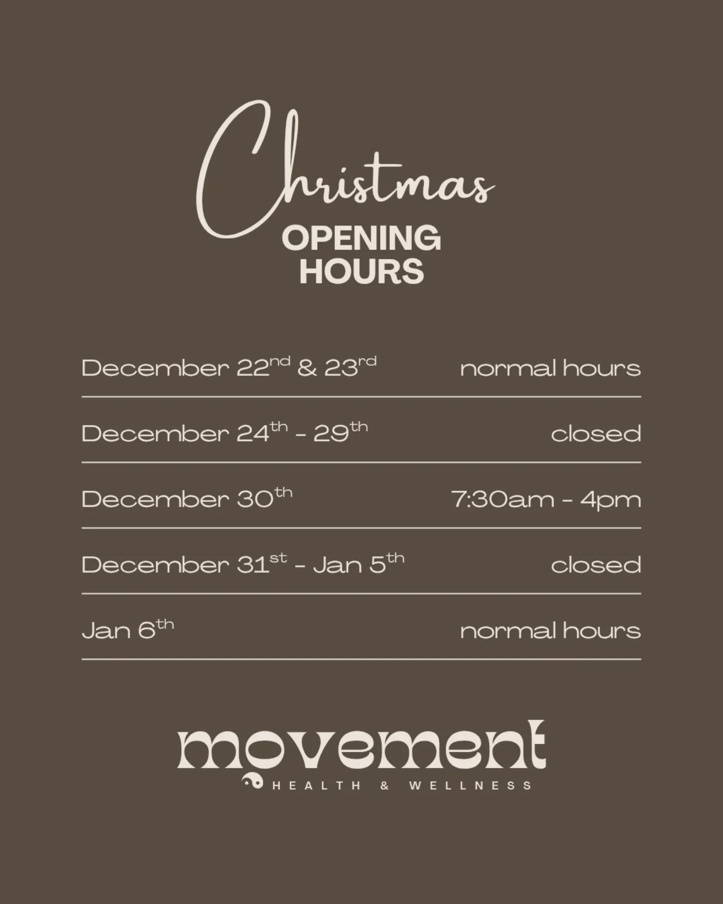 Here are my Christmas and New Year opening hours 🎄

Looking forward to helping you move well and feel good through the holiday season.
If you need an appointment before the break, spots for the 22nd, 23rd and 30th will fill fast &mdash; book ahead ?