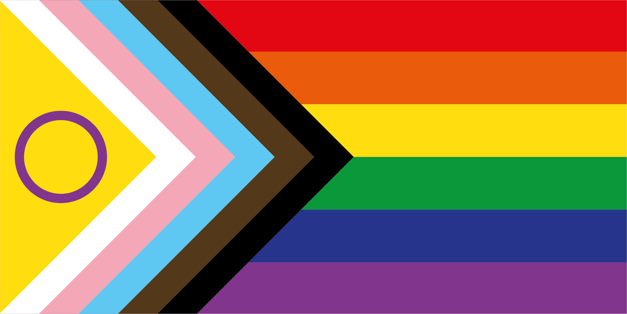 A pride flag with the colors of the LGBTQ+ rainbow and a yellow triangle on the left with a purple circle inside.