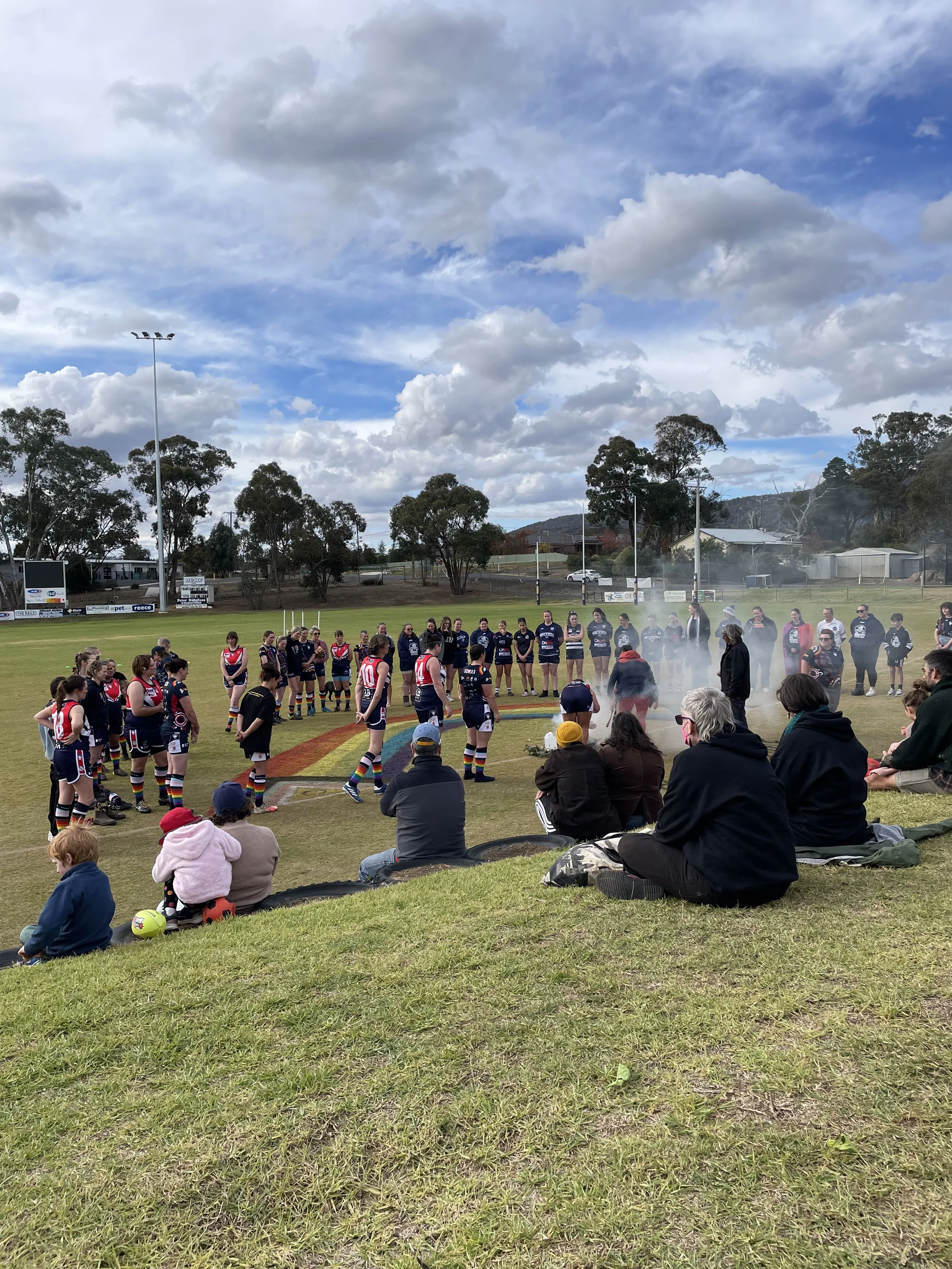 Adults and children watching a smoking ceremony before a women's and gender diverse Australian rules football game on a grassy field, with their backs to the camera, under a partly cloudy sky.