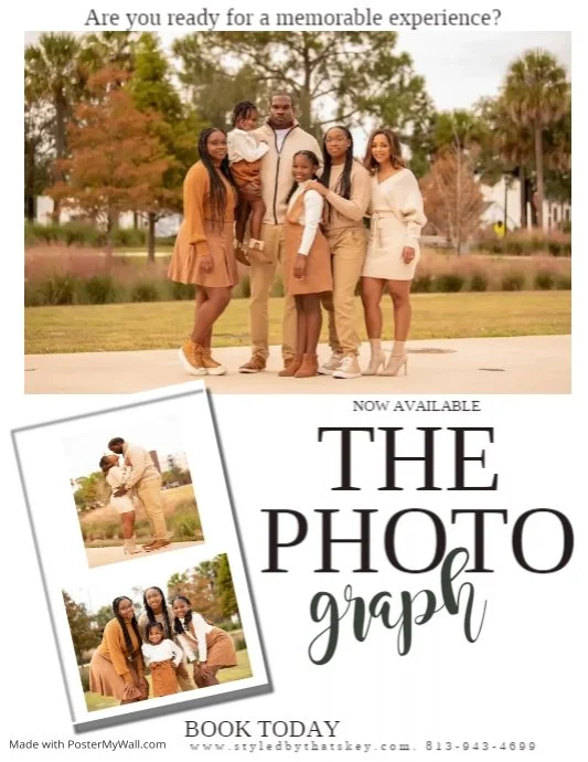 Group of seven diverse family members posing outdoors in a park, dressed in beige, brown, and white outfits, standing on a grassy area with trees in the background, promoting a photo book service.