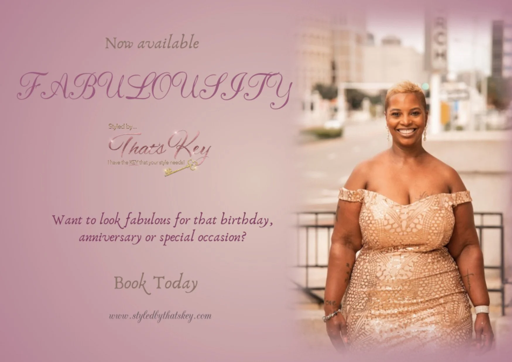 Flyer for a clothing styling service featuring a woman in a gold lace dress, smiling outdoors in an urban setting with buildings in the background.