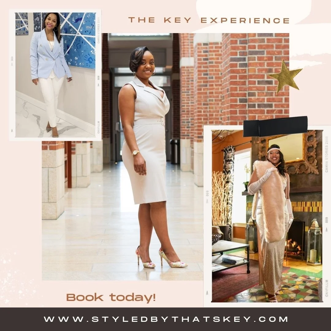 A collage of three women dressed in stylish outfits for a professional or social event, with text promoting booking an experience or consultation at styledbythatskey.com.