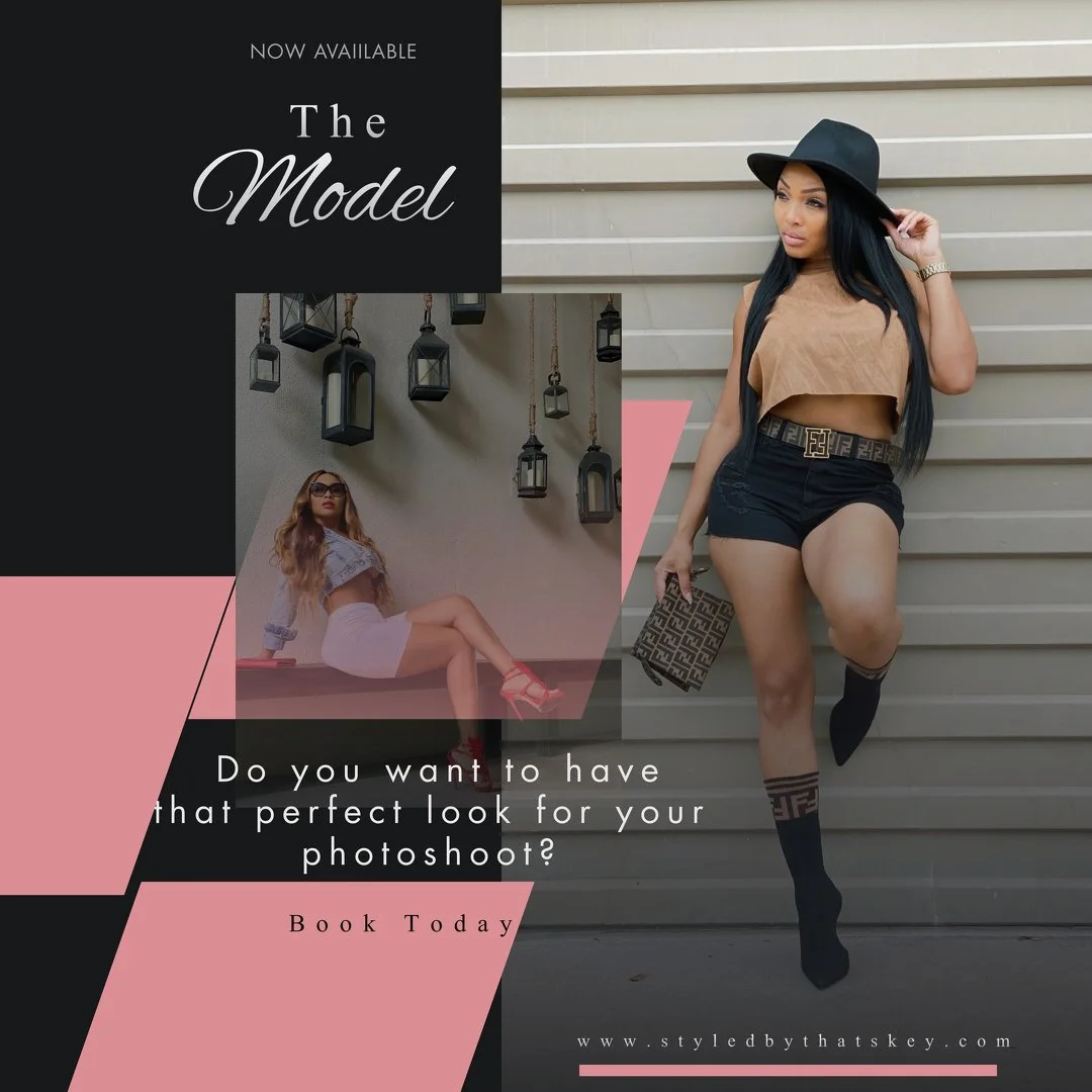 Advertisement for a professional photoshoot service featuring a woman in fashionable clothing and accessories, with text: "The Model" and "Do you want to have that perfect look for your photoshoot? Book Today".