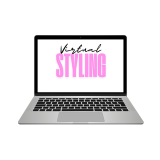 Laptop screen displaying the text "Virtual Styling" with "Virtual" in black cursive and "Styling" in large pink capital letters.