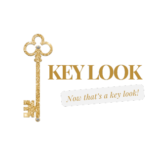 Gold ornate key with four loops at the top, the word 'KEYLOOK' in bold black letters, and the phrase 'Now that's a key look!' in a cursive gray font.