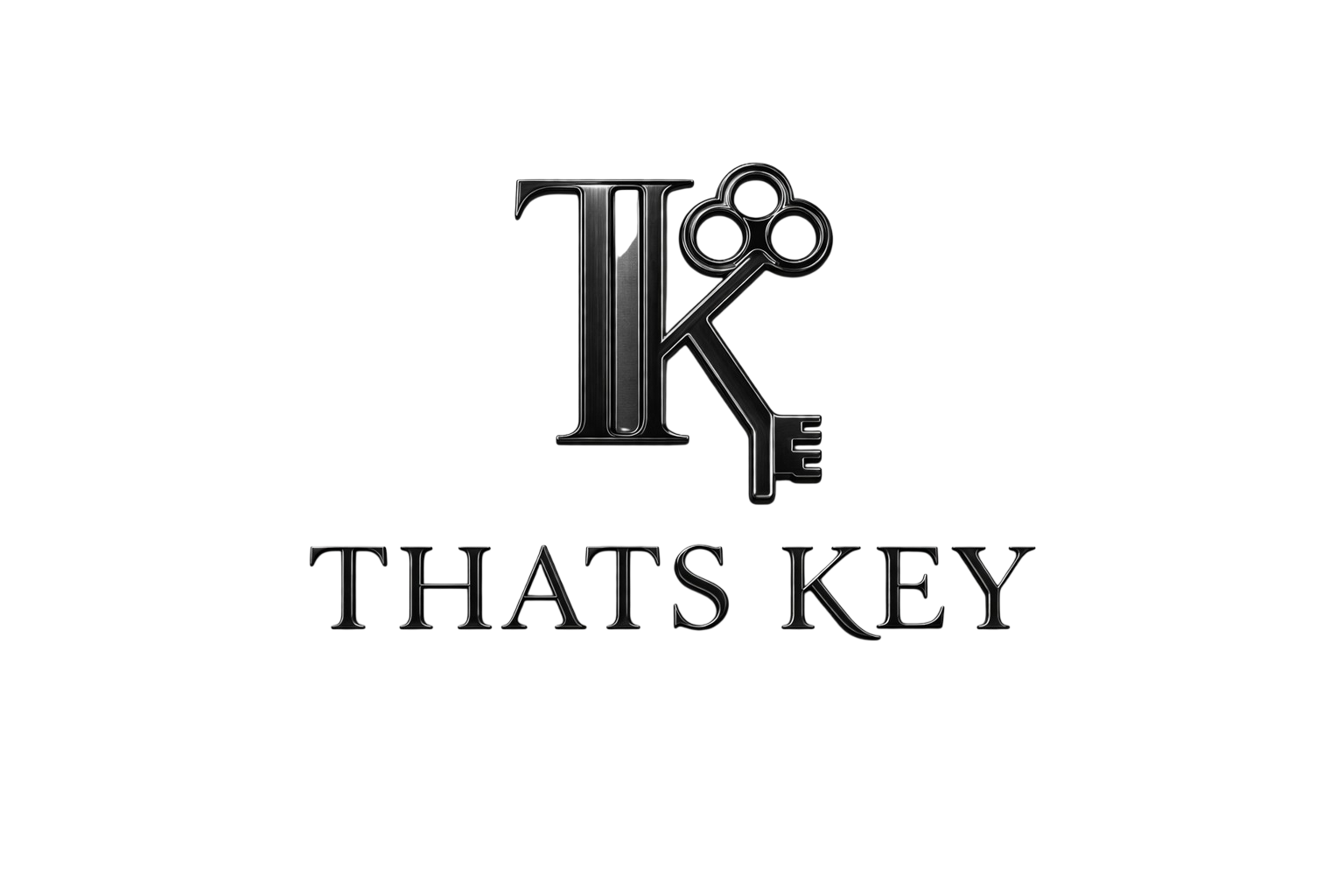 A stylized logo featuring a black background with metallic text. The logo displays a large letter 'K' with a three-circle keyhole design at the top right of the letter. Below, the words 'THAT'S KEY' are written in a bold, metallic font, with a horizontal line extending from the right side of the letter 'K' through the text.