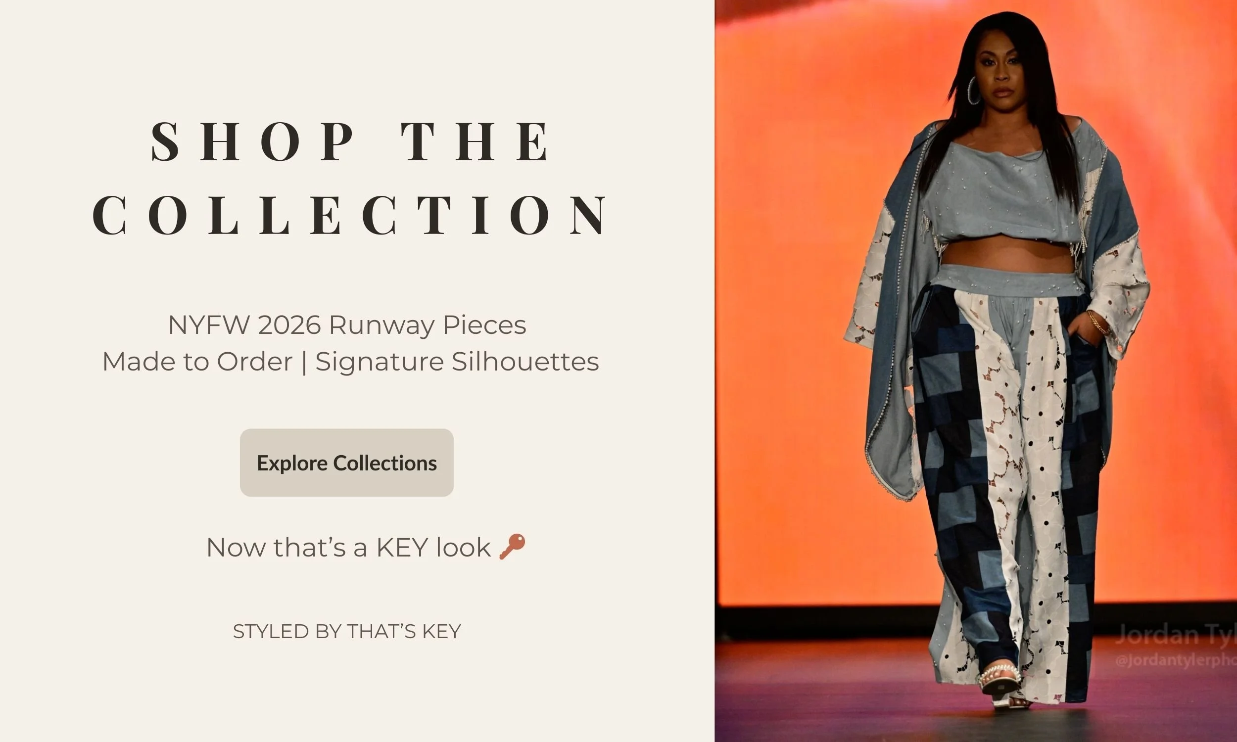 A fashion model walking down the runway wearing a coordinated outfit with a matching jacket, crop top, and wide-leg pants with patchwork and abstract designs, during NYFW 2026