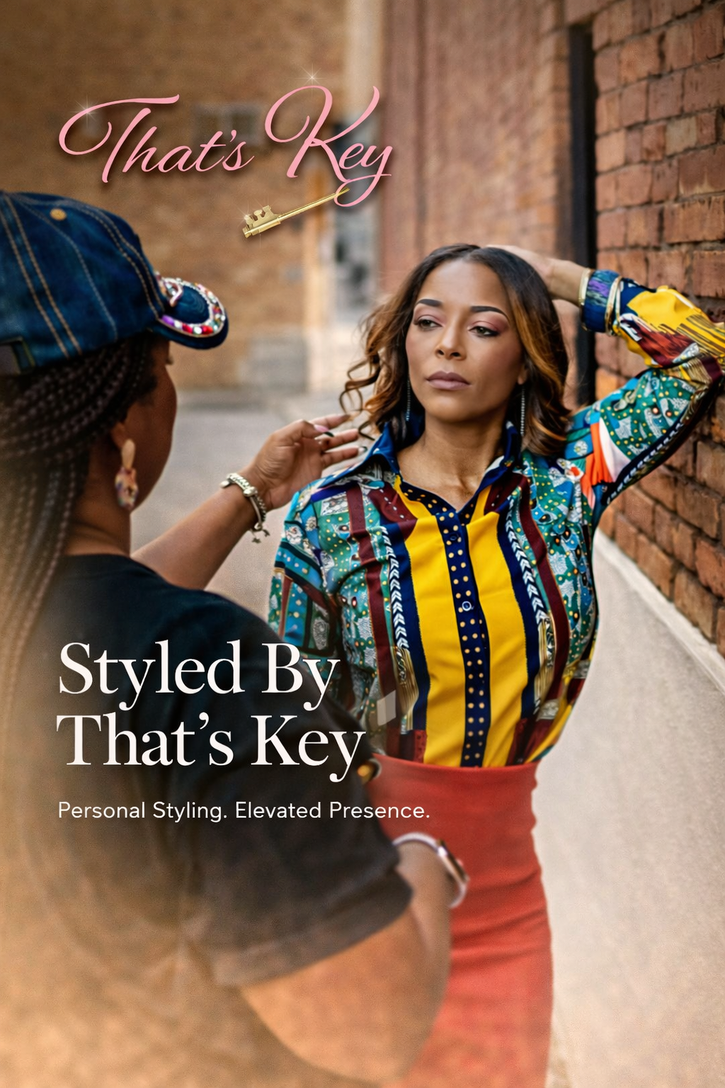 A woman with shoulder-length hair and colorful patterned blouse posing against a brick wall while a stylist adjusts her hair. Text overlay reads 'That's Key' with a small key icon and 'Styled By That’s Key' with the tagline 'Personal Styling. Elevated Presence.'.