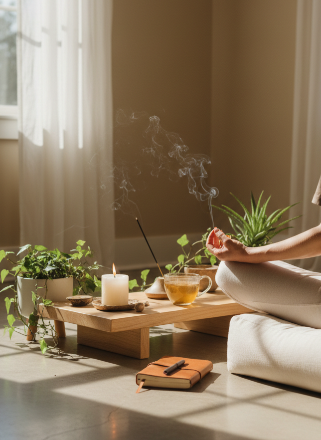 A person practicing meditation or yoga sitting cross-legged on a cushion indoors next to a low wooden table with plants, candles, a tea cup, and a burning incense stick