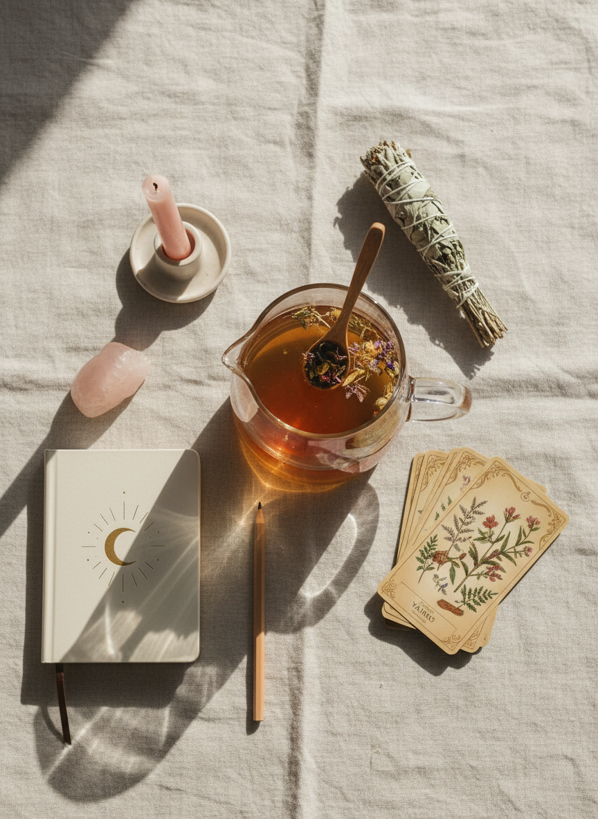 Ayurvedic tea, candle, journal, on a model feminine altar for a meditation, conscious living ritual