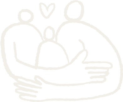 A simple line drawing of three people hugging, with a heart above them.