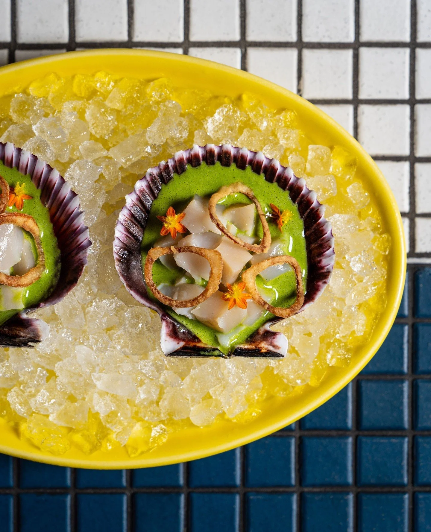 Too pretty to eat. Good thing you don&rsquo;t have to stare at it long. Scallop aguachile with aguachile verde, potato coral, and cilantro.