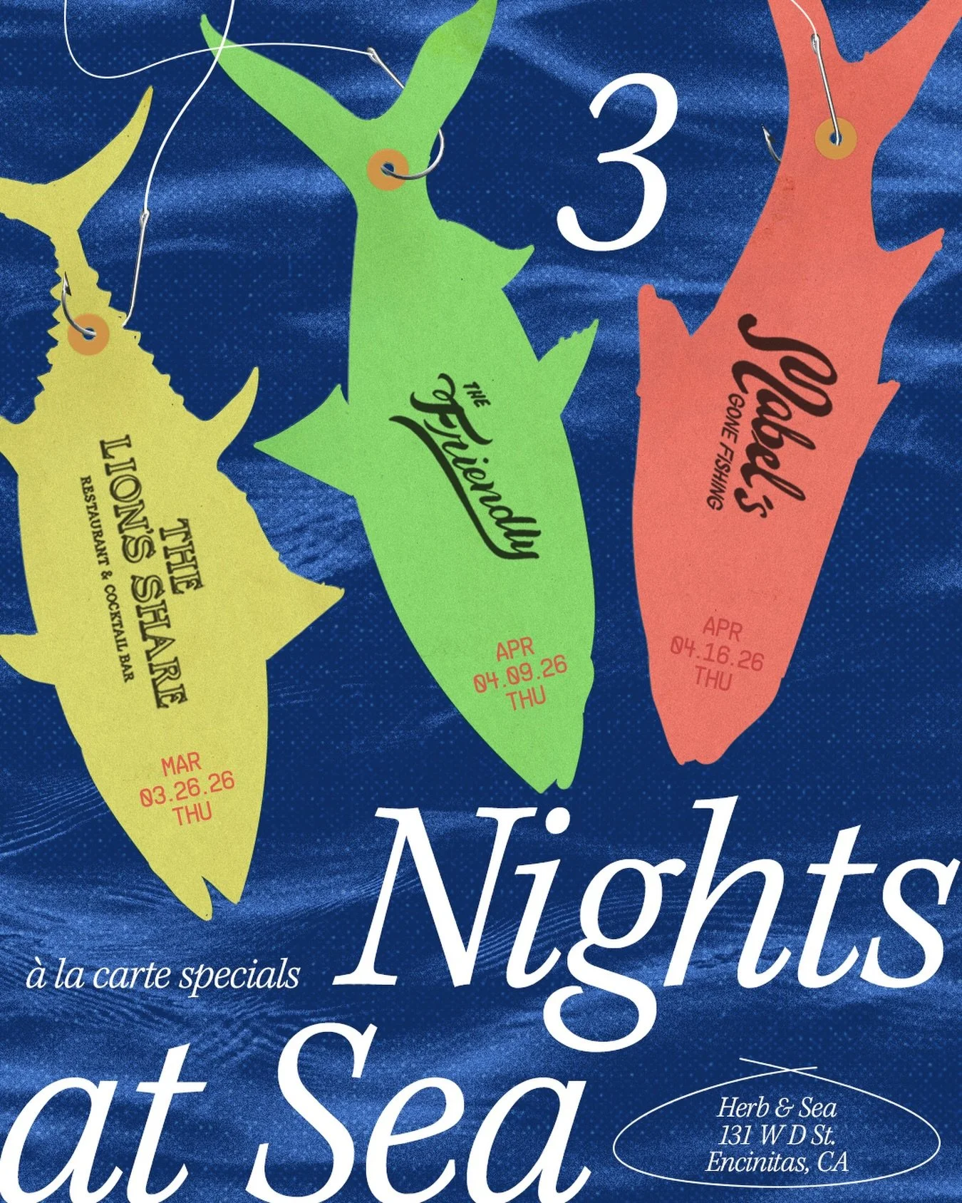We&rsquo;re running it back for 3 Nights at Sea with @thelionsharesd, @mabelsgonefishing, and @thefriendlysd . Each night features special limited &agrave; la carte dishes you&rsquo;ll only catch once. Reserve ahead and join us. ⁠
⁠
Flyer: @veeejzill