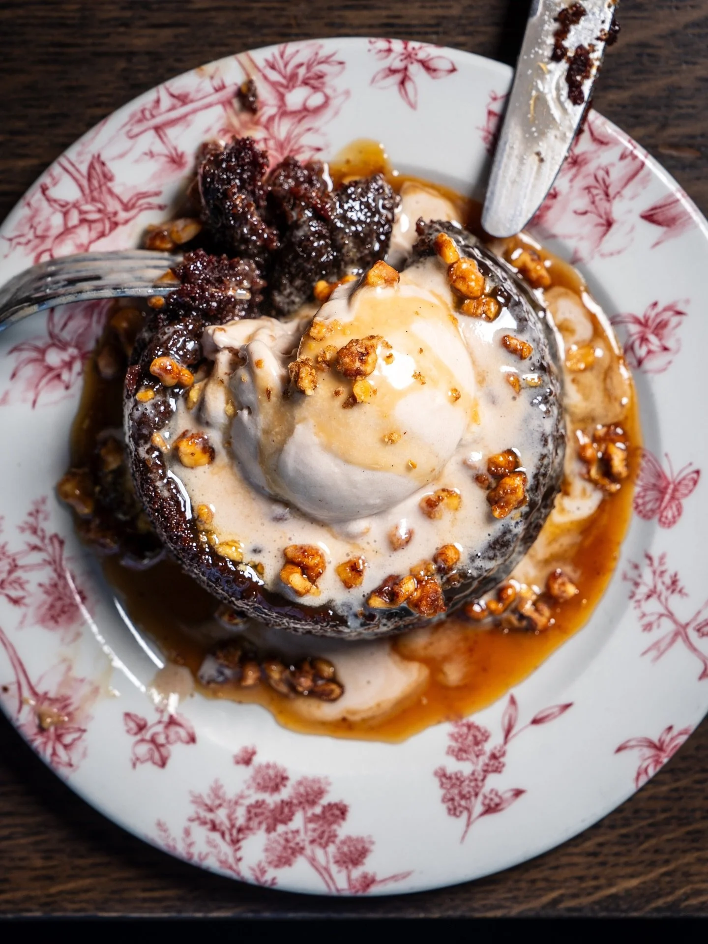 Date Cake with butterscotch sauce, candied walnut, and vanilla bean gelato.