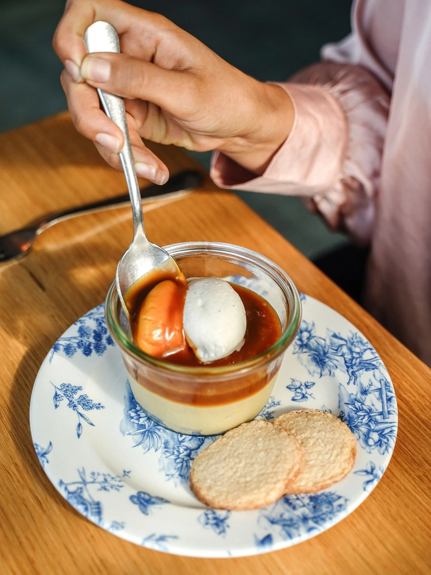 Best eaten with a spoon in one hand and a cookie in the other. Butterscotch Budino with salted caramel, lavender-infused whip, and gluten-free shortbread.