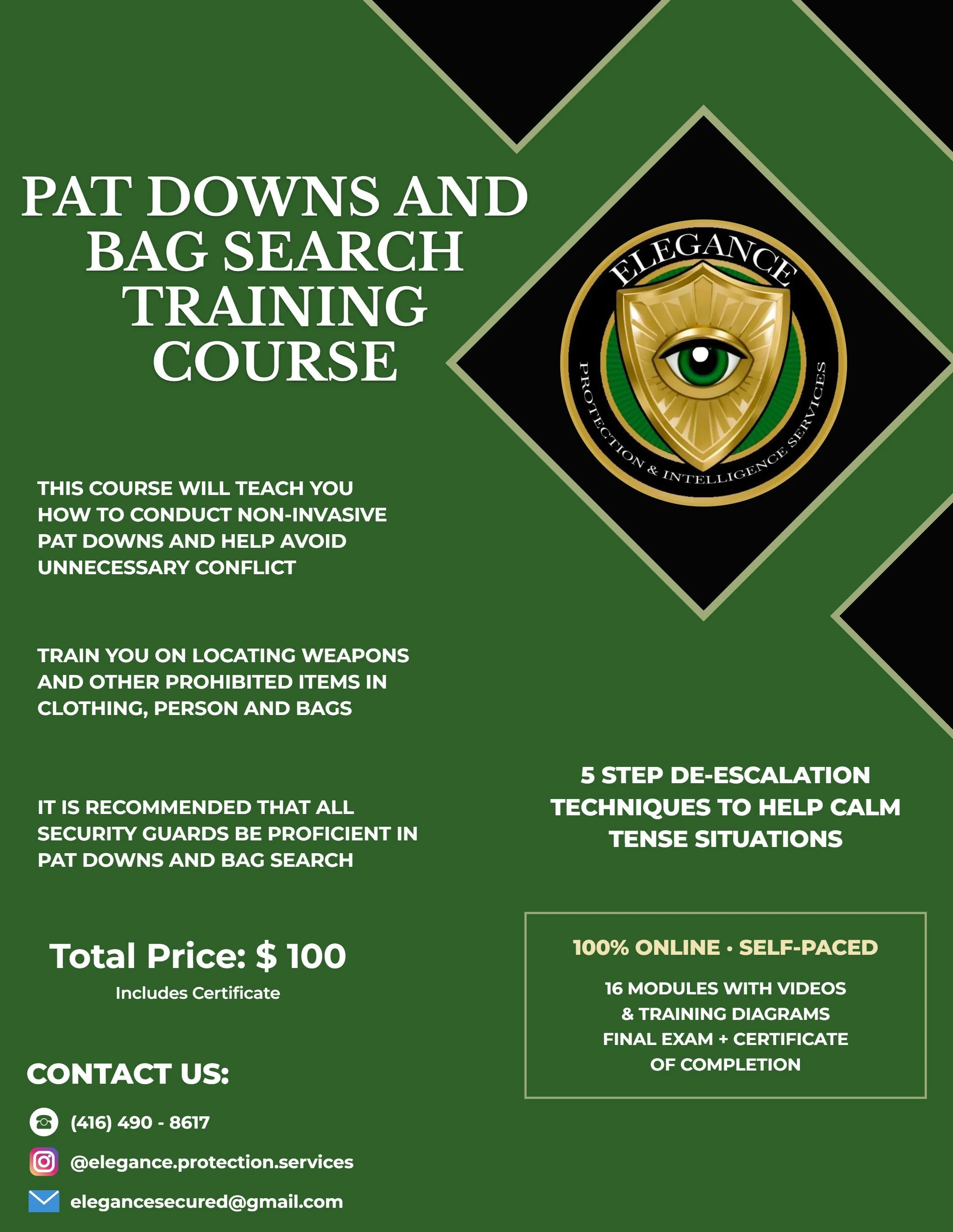 Pat Downs and Bag Search Training Course flyer - online certification course, $100 including certificate, by Elegance Protection and Intelligence Services Inc.