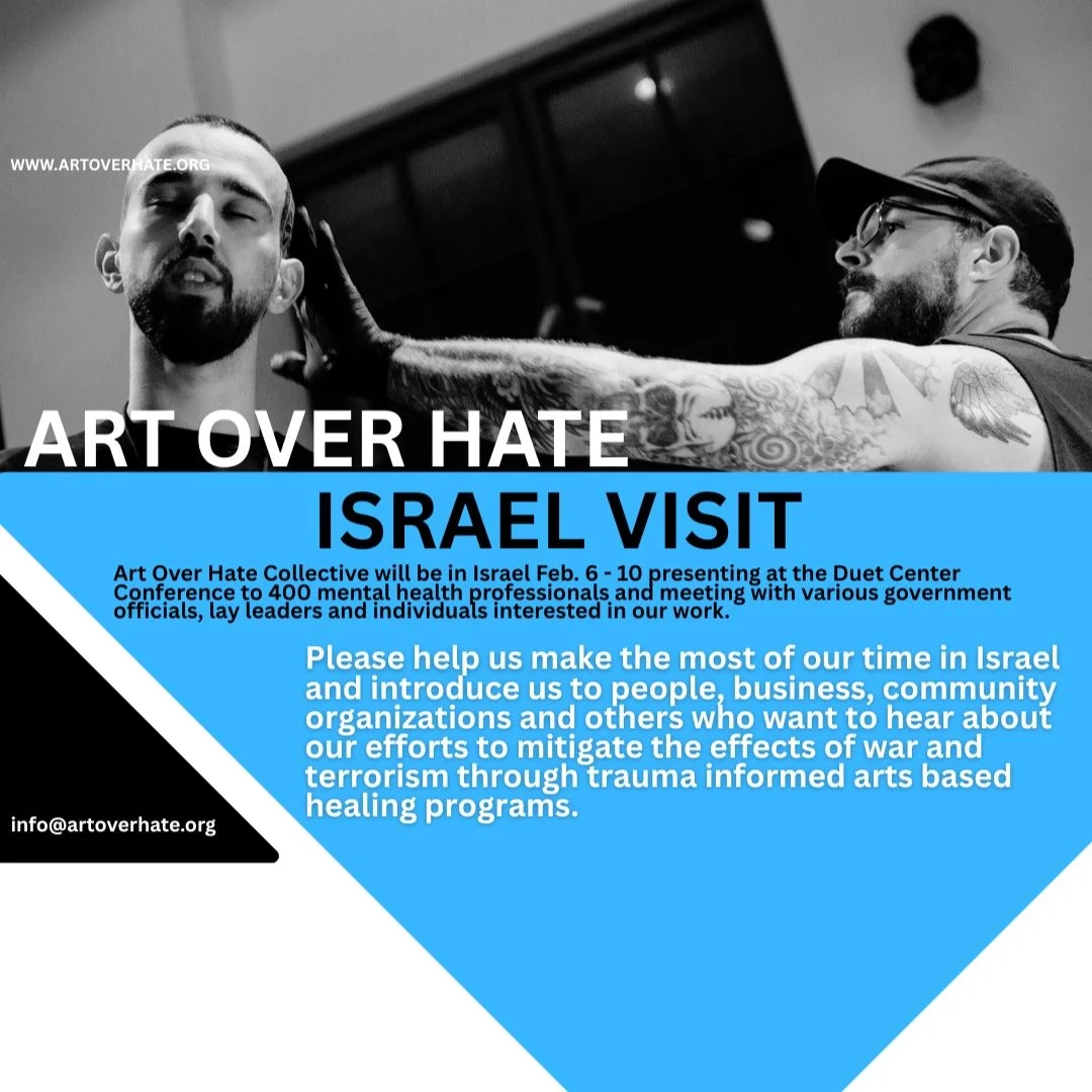 Art Over Hate Collective will be in Israel from Feb. 6 - 10 to present at the Duet Center Conference at Ben Gurion University. 
Our goal is to meet as many people as possible to tell them more about Art Over Hate Collective. Bring on the introduction
