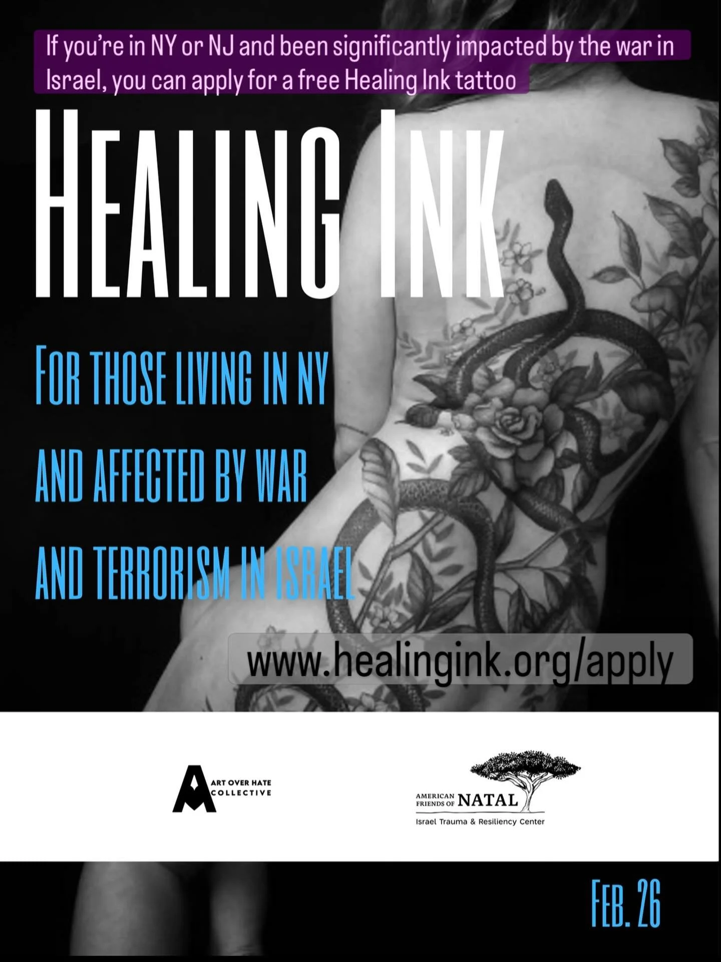 Free tattoos to heal, physically and emotionally, those affected by the wars in Israel. Event coming soon! www.healingink.org/apply