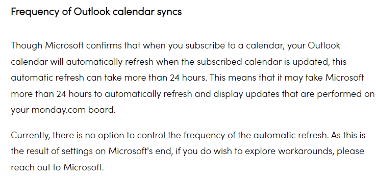 Text explaining Outlook calendar sync frequency and refresh issue, mentioning automatic refresh can take over 24 hours and no current option to control it.