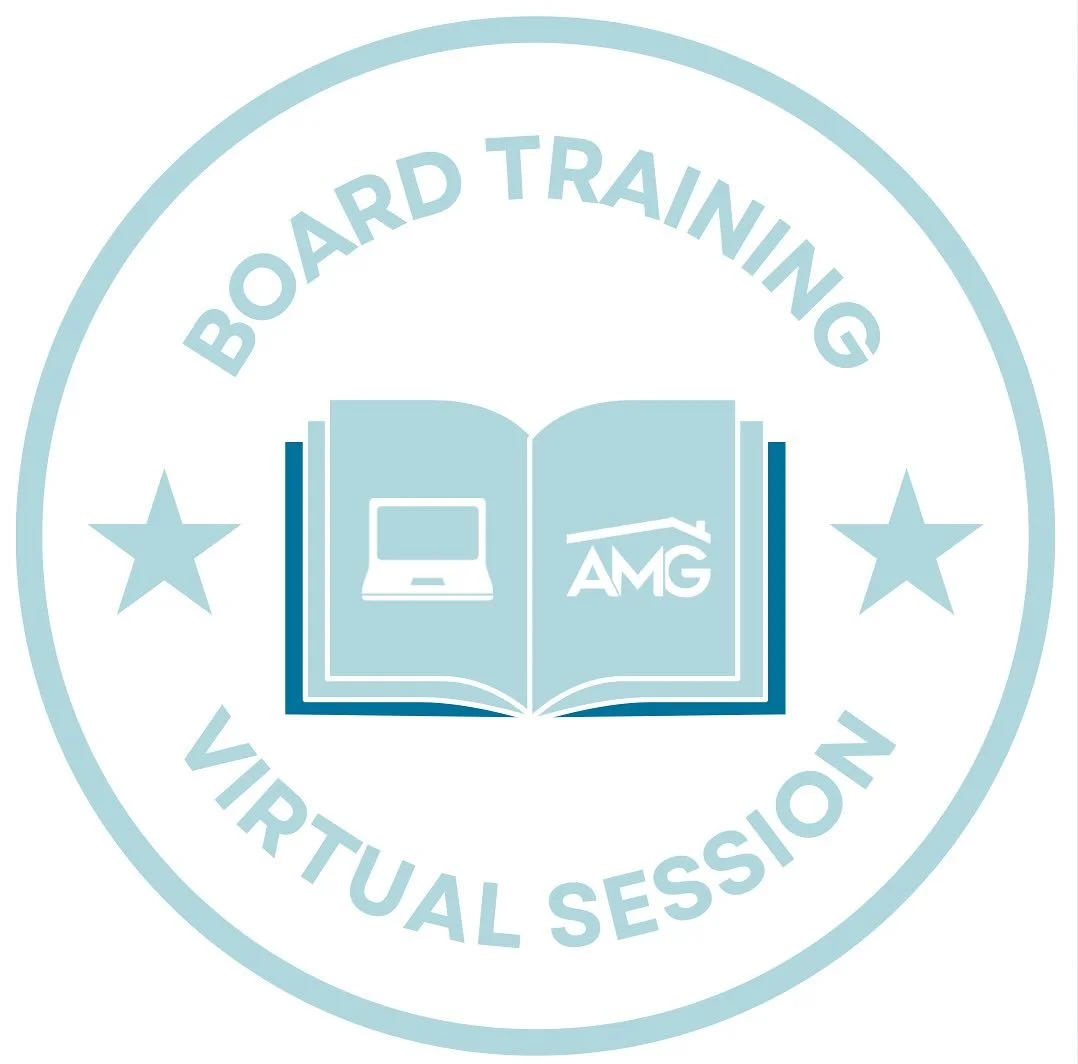 All Board Members — You’re Invited!
Join us for our next Board Training via Zoom on Thursday, October 30 from 12:00–12:45 PM as AMG CEO Katie Anderson walks through recent legislative updates affecting community associations.
 
Topi