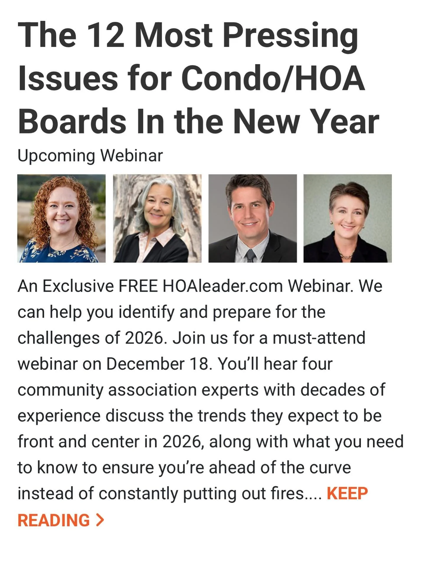 We&rsquo;re excited to share that our CEO, Katie Anderson, will be a featured panelist on HOAleader.com&rsquo;s upcoming webinar, The 12 Most Pressing Issues for Condo/HOA Boards in the New Year.

This session will cover the key challenges and opport