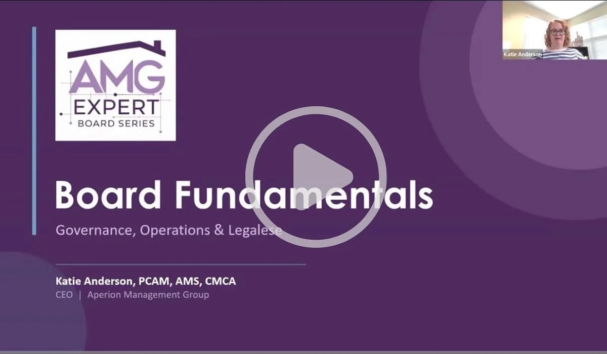 Missed the live session? We&rsquo;ve got you covered.

Watch the recorded HOA Board Fundamentals training with AMG CEO Katie Anderson on YouTube now (link in bio).

Topics include:
&bull; Governing documents &amp; community structure
&bull; Board rol