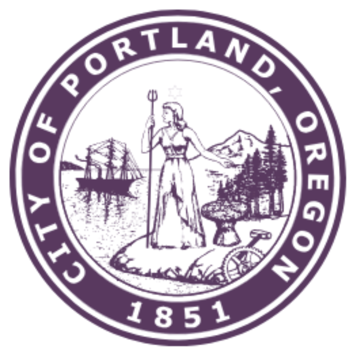 Official seal of the City of Portland, Oregon, featuring a female figure holding a spear, a bridge and mountains in the background, trees, a fountain, and a wheel, with the text 'City of Portland Oregon 1851' surrounding the scene.