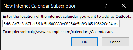 Screenshot of a dialog box for entering the location of an internet calendar to add to Outlook, with an example URL provided.