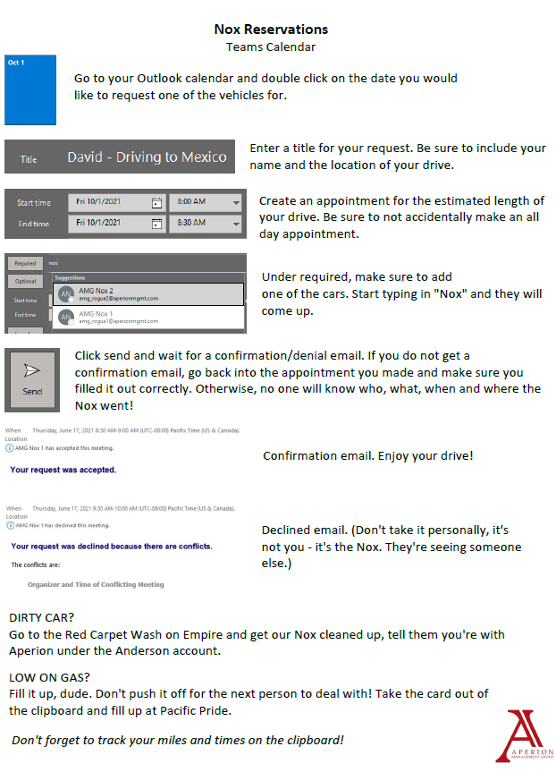 Screenshot of a Teams calendar for Nox Reservations guiding users on how to request a vehicle for driving to Mexico, including instructions for entering details, selecting vehicles, and confirming or declining the reservation, with tips on vehicle cleaning and gas.