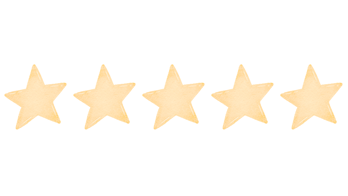 Five golden stars with a glittery texture, aligned in a row, on a transparent background.