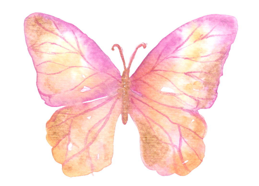Watercolor illustration of a pink butterfly with light yellow and pink wings and visible veins.