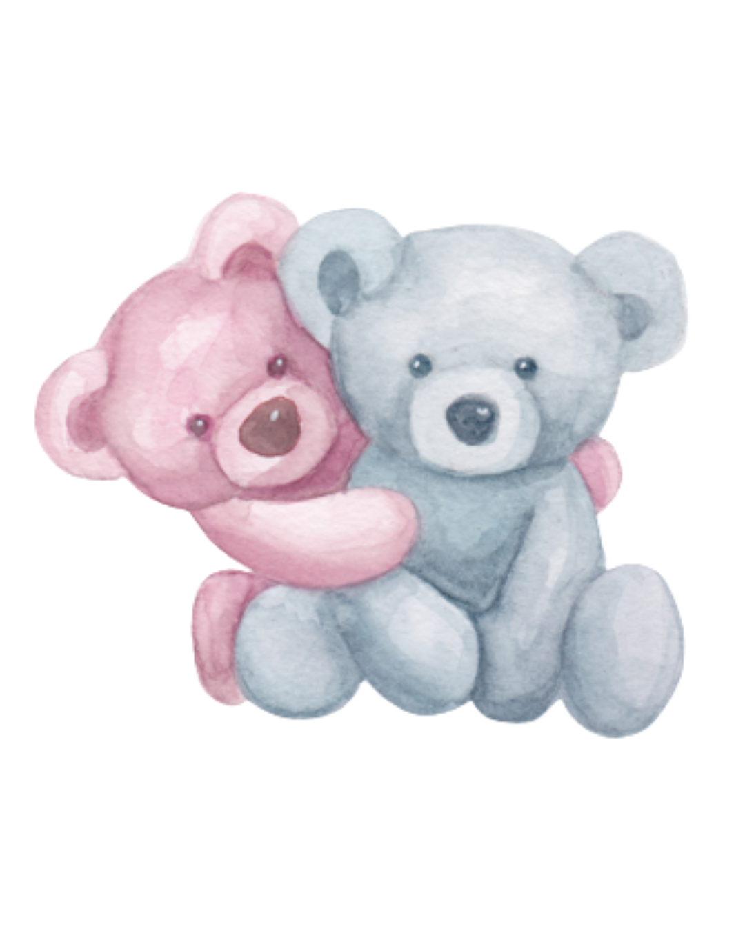 Watercolor illustration of a gray teddy bear hugging a pink teddy bear.