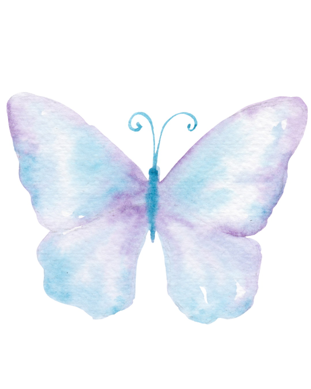 Watercolor illustration of a butterfly with pastel blue, purple, and pink wings.
