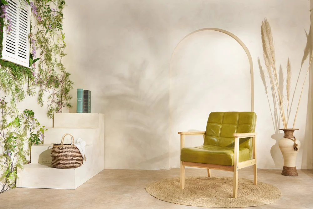 Cream set with an arch and green armchair