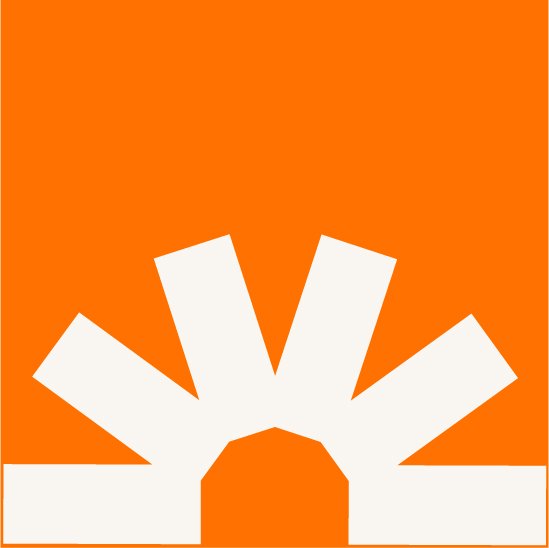 Orange background with white geometric shape resembling a stylized sun or star with a central arch.