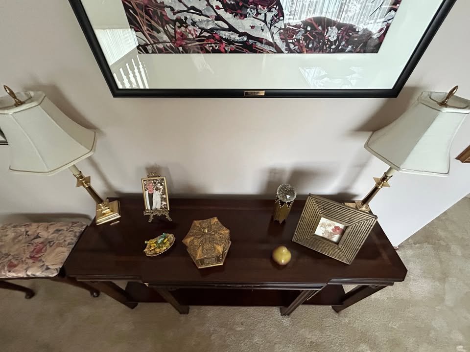 Elegant Console/Entryway/Accent Table for sale. Very good condition sturdy and well kept. There is one flaw (pictured) a decorative embellishment has come off with no damage and easy to fix as the piece is still intact. Priced accordingly for small
